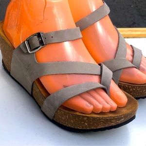 A. Giannetti Grey Italian Leather Cork Wedge Slip On Sandals Womens Size 9